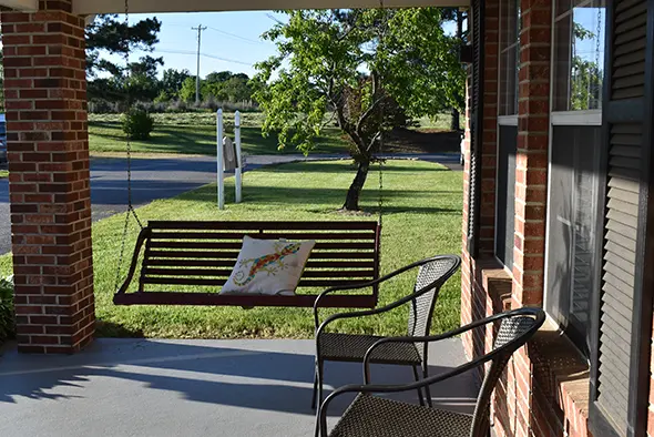 A porch swing with a colorful lizard pillow, two outdoor chairs, and a view of the front yard with a tree and grass.