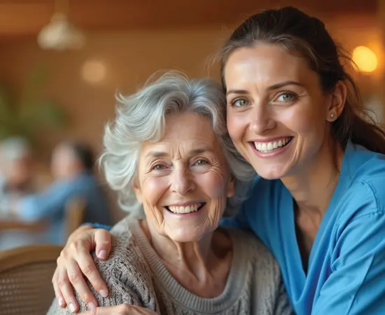 Smiling caregiver embracing a happy senior woman in a retirement community setting.